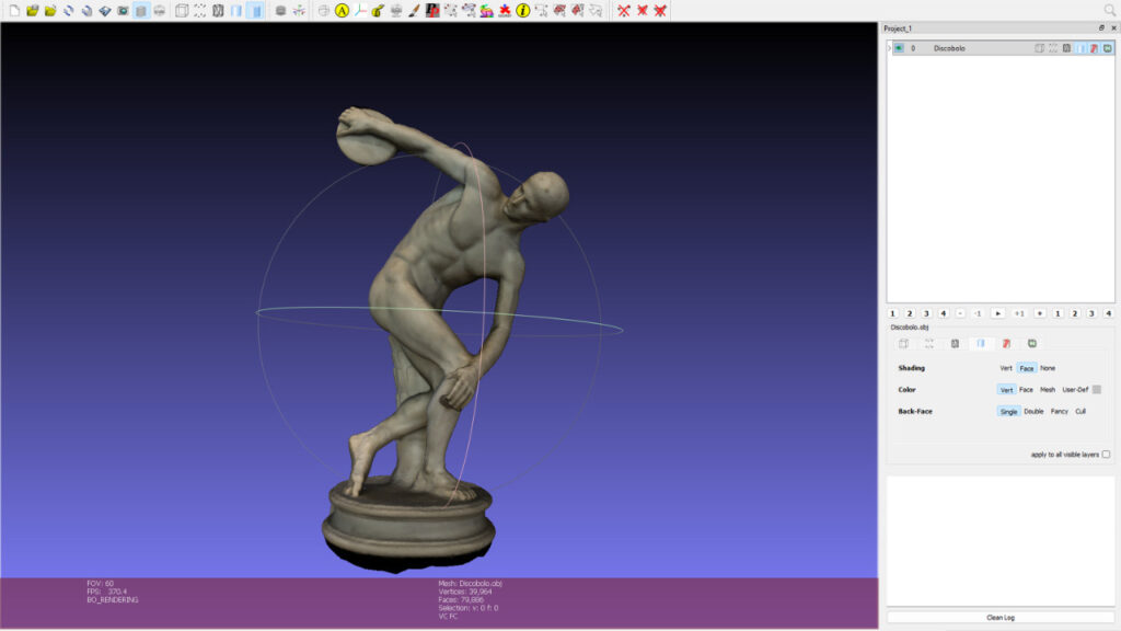 Schermata di un software di elaborazione 3D che mostra il modello digitale di una scultura raffigurante un discobolo, visualizzato su uno sfondo viola.